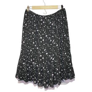 Black Floral Patterned Midi Skirt By Outfit JR M  Lightweight & Flowy With Ruffl